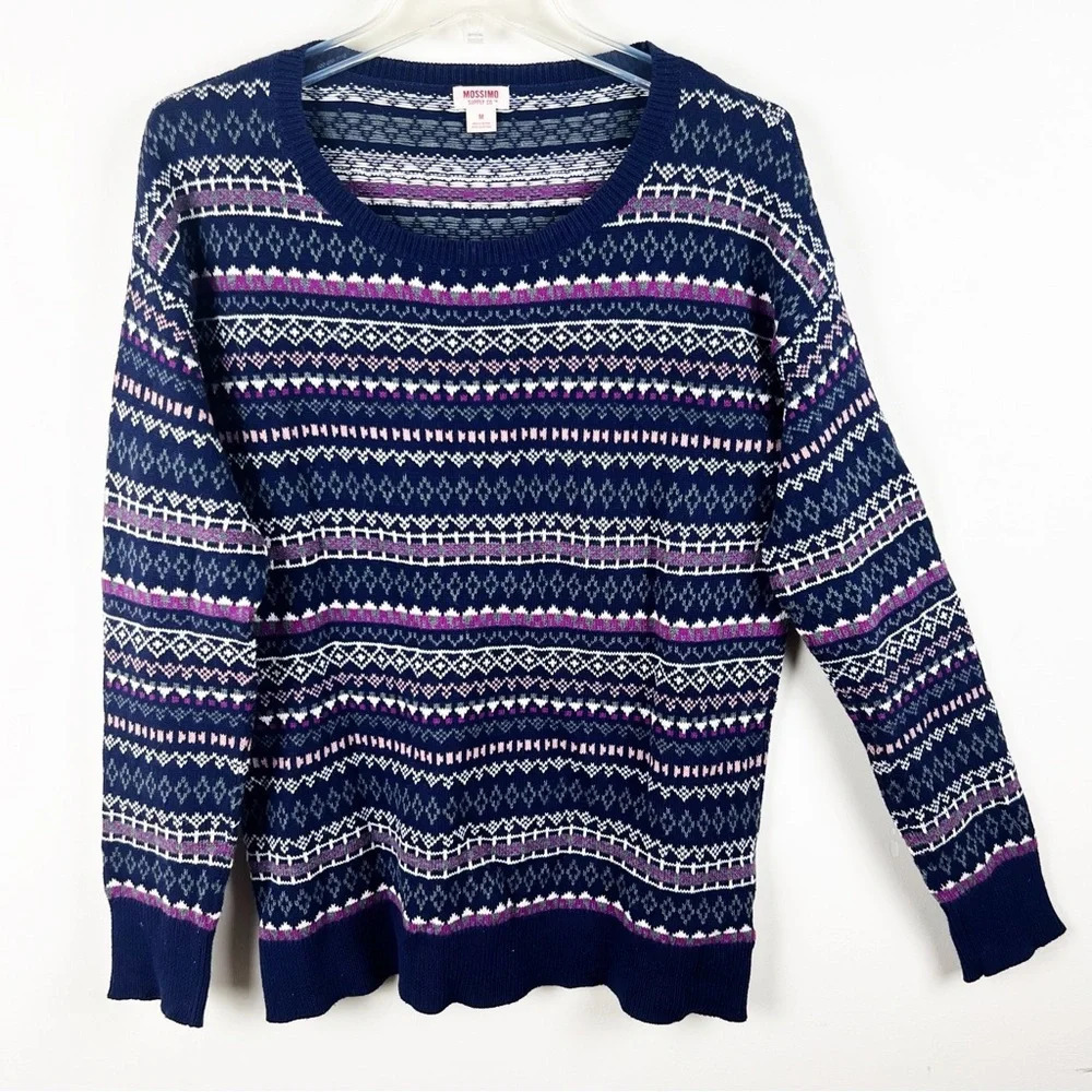 Mossimo Fair Isle Crew Neck Sweater 100% Cotton Navy Blue Pink Ski Cabin Medium